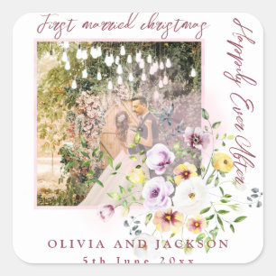 Adesivo Quadrado 1 Foto Recém-casados 1º Natal Casados Texto Rosa