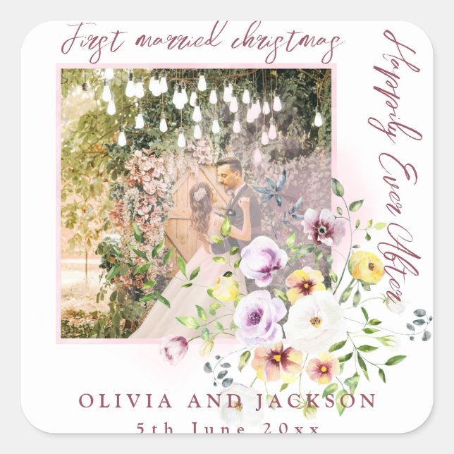 Adesivo Quadrado 1 Foto Recém-casados 1º Natal Casados Texto Rosa (Frente)
