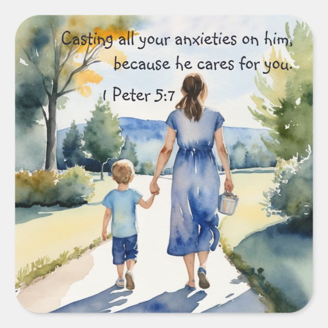 Adesivo Quadrado 1 Peter 5:7 Enfiando todas as suas ansiedades nele (Frente)