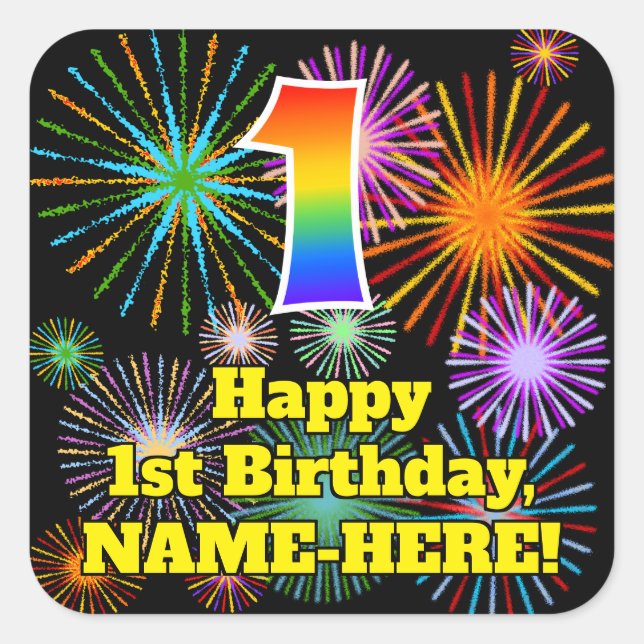 Adesivo Quadrado 1st Birthday: Fun Fireworks Look, Rainbow # 1 (Frente)