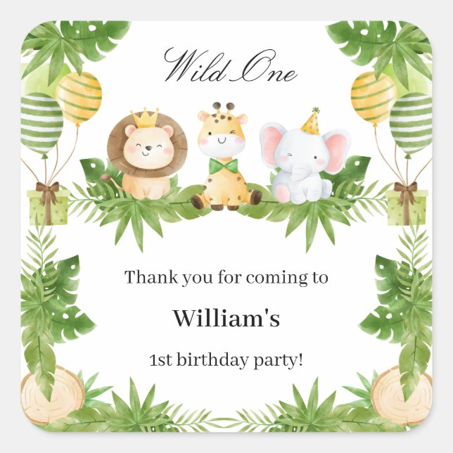 Adesivo Quadrado 1st Birthday Wild One Safari Animals Party Sticker (Frente)