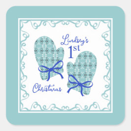 Adesivo Quadrado 1st Christmas Mittens Blue Bow Holiday