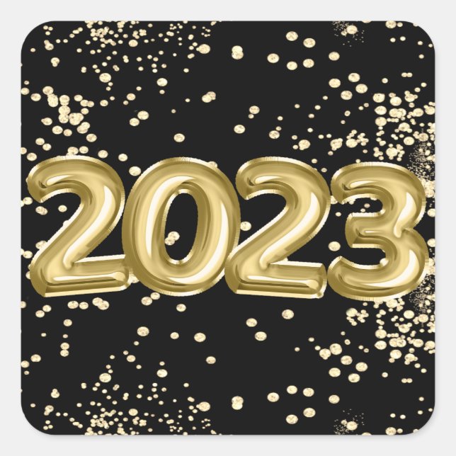 Adesivo Quadrado 2023 Ano Novo | Balões Dourados e Pretos Confetes (Frente)
