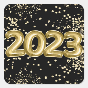 Adesivo Quadrado 2023 Ano Novo   Balões Dourados e Pretos Confetes