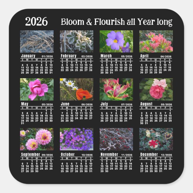 Adesivo Quadrado 2026 SU Calendar Flower black Custom Vinyl Sticker (Frente)