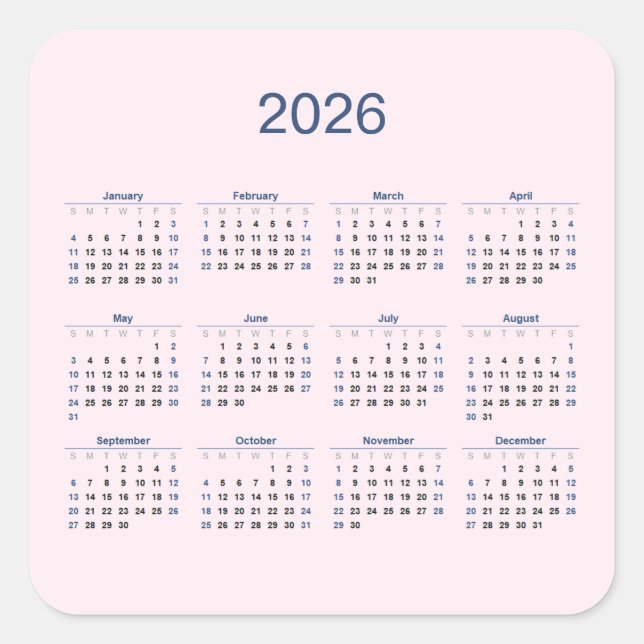 Adesivo Quadrado 2026 Yearly Calendar on Pale Pink (Frente)