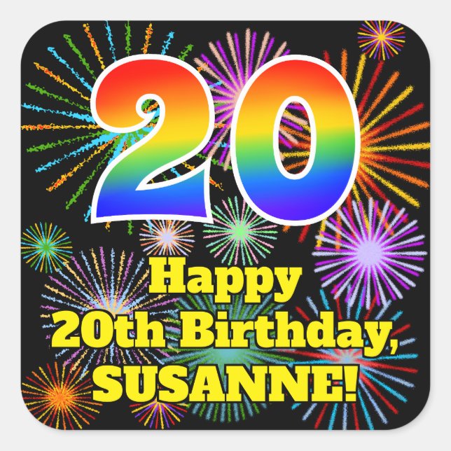 Adesivo Quadrado 20 Birthday: Veja fogos de artifício divertidos, R (Frente)