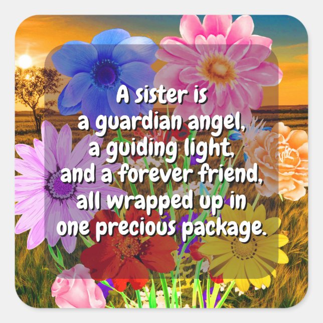 Adesivo Quadrado (20 unidades) Citação de Flores Elegantes e Irmã | (Frente)