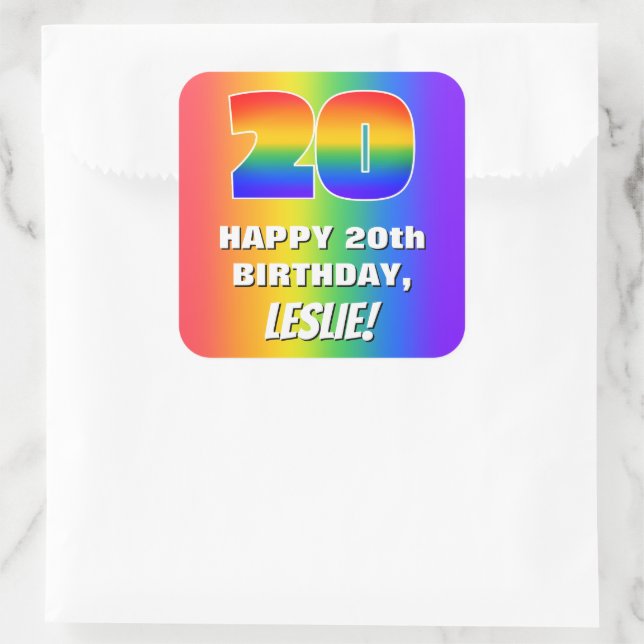Adesivo Quadrado 20th Birthday: Colorful, Fun Rainbow Pattern # 20 (Bolsa)
