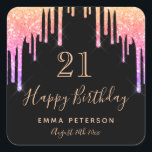 Adesivo Quadrado 21st birthday black glitter pink purple<br><div class="desc">A trendy and glamorous 21st birthday sticker. A classic black background decorated with rainbow colored faux glitter drips, paint dripping look in purple, pink and rose gold. With the text: 21 Happy Birthday. Personalize and add a name and a date. Date of birth or the date of the party. Golden...</div>