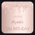 Adesivo Quadrado 21st birthday blush rose gold glitter drips name<br><div class="desc">A sticker for a girly and glamorous 21st birthday party. A faux rose gold metallic looking background with an elegant faux rose gold glitter drips, paint drip look. The text: The name is written in dark rose gold with a large modern hand lettered style script. Template for name, age 21...</div>