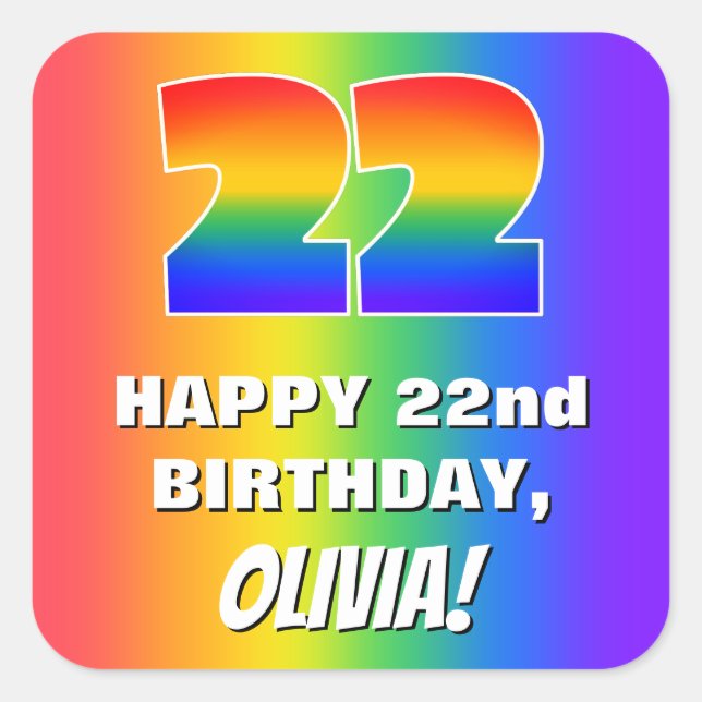 Adesivo Quadrado 22nd Birthday: Colorful, Fun Rainbow Pattern # 22 (Frente)