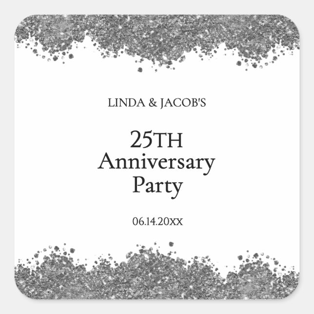 Adesivo Quadrado 25th Wedding Anniversary Silver Faux Glitter  (Frente)