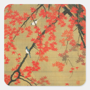 Adesivo Quadrado 30. 紅 葉 小 禽 図, 若 冲 Maple & Small Bir
