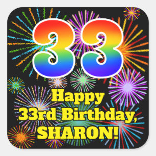 Adesivo Quadrado 33rd Birthday: Fun Fireworks Look, Rainbow # 33