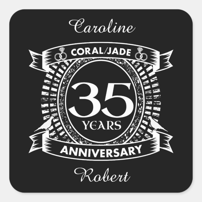Adesivo Quadrado 35.º aniversário de casamento Coral Jade crest (Frente)