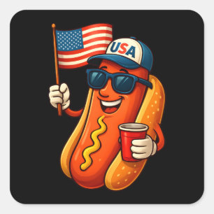 Adesivo Quadrado 4º de julho Hotdog Funny Patriotic USA Flag