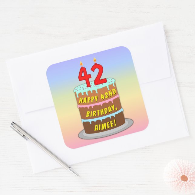 Adesivo Quadrado 42nd Birthday: Fun Cake and Candles + Custom Name (Envelope)