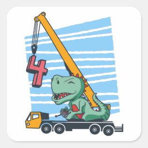 Adesivo Quadrado 4 anos 4º Aniversário Guindaste Móvel Dinossauro