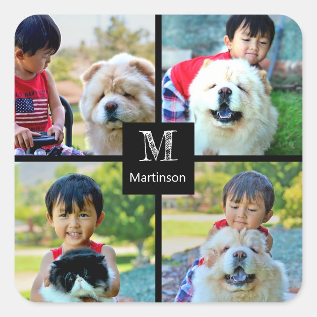 Adesivo Quadrado 4 Colagem Personalizada de Fotos com Monograma (Frente)