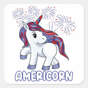 Adesivo Quadrado 4 de julho Patriótica Unicorn Americana Colors