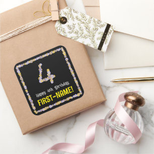 Adesivo Quadrado 4.o aniversário: Número de Flores Florais, Nome Pe