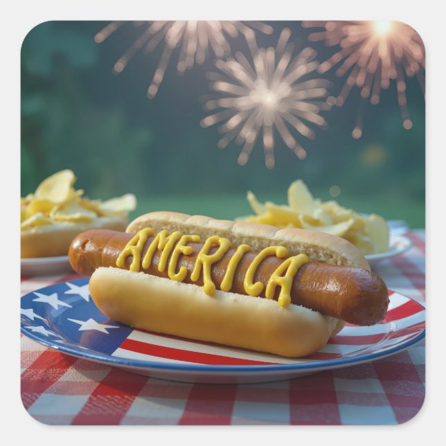 Adesivo Quadrado 4th of July Hot Dog and Fireworks (Frente)