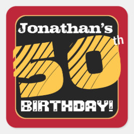 Adesivo Quadrado 50ª Festa de aniversário Vermelho Negro Dourado No