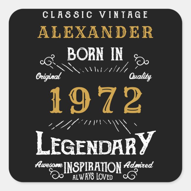 Adesivo Quadrado 50º Aniversário de 1972 Adicionar Nome Dourado Leg (Frente)