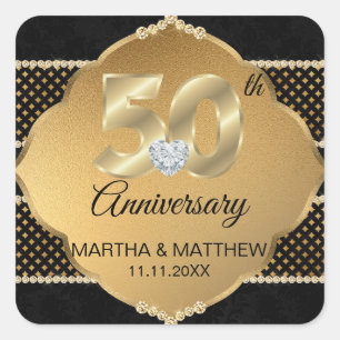 Adesivo Quadrado 50º aniversário Dourado de casamento personaliza
