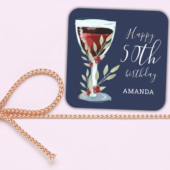 Adesivo Quadrado 50º Aniversário Vinho Vermelho Rosa Marinho de Aqu (Criador carregado)