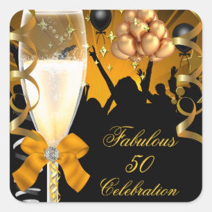 Adesivo Quadrado 50 & Fabuloso Champanhe de Aniversário Dourado Pre