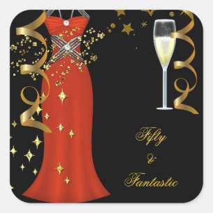 Adesivo Quadrado 50 Fantástico Vermelho Vestido Preto Dourado Adesi