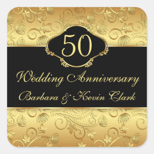Adesivo Quadrado 50th aniversário de casamento floral dourado