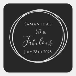 Adesivo Quadrado 50th Birthday Black Silver 50 and Fabulous Party