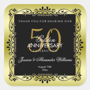 Adesivo Quadrado 50th casamento quadro decorativo Dourado romântic