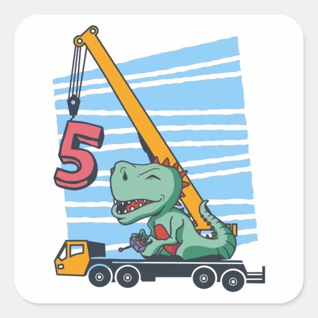 Adesivo Quadrado 5 anos 5 Birthday Mobile Crane Dinosaur (Frente)