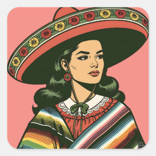 Adesivo Quadrado 5 de Mayo Fiesta Retro Partido Sarape Favor