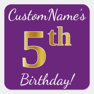 Adesivo Quadrado 5 Roxo, Faux Dourado Aniversário + Nome Personali