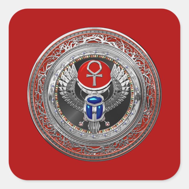 Adesivo Quadrado [600] Sagrada Prata Egípcia Ala Scarab & Ankh (Frente)