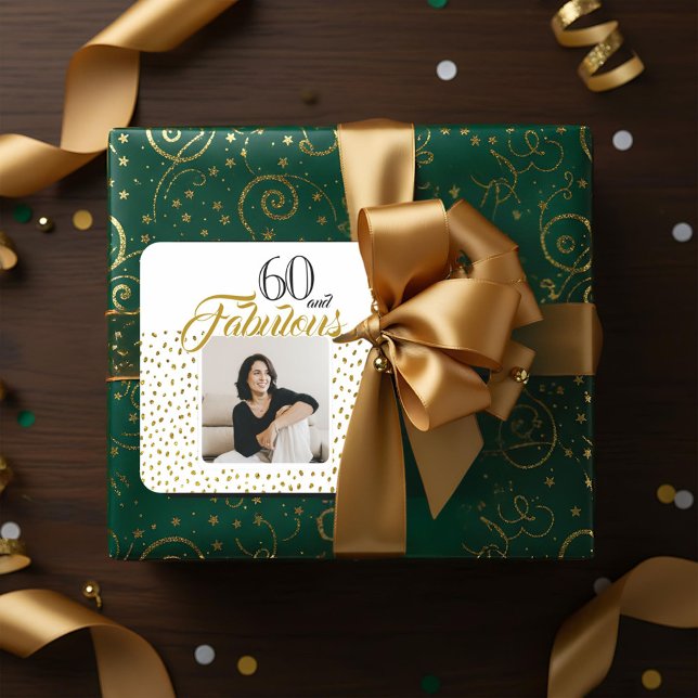 Adesivo Quadrado 60 and Fabulous Gold Glitter Photo 60th Birthday (Criador carregado)