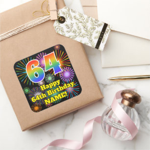 Adesivo Quadrado 64.o Aniversário: Fogos de artifício divertidos,