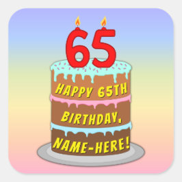 Adesivo Quadrado 65.º aniversário: Bolo e Velas Divertidas + Nome P