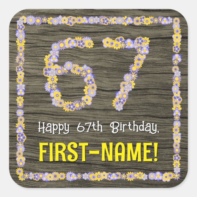 Adesivo Quadrado 67.º aniversário: Número Floral, Faux Wood Look, N (Frente)