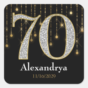 Adesivo Quadrado 70 Birthday Diamantes Dourados Tags Stickers