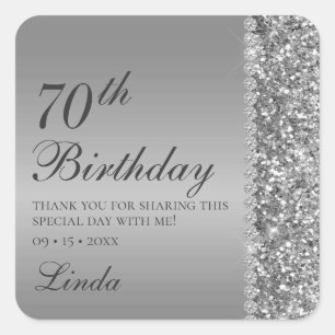 Adesivo Quadrado 70 Birthday Silver Glitter Diamantes Obrigado