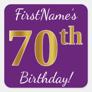 Adesivo Quadrado 70 Roxo, Faux Dourado Aniversário + Nome Personal