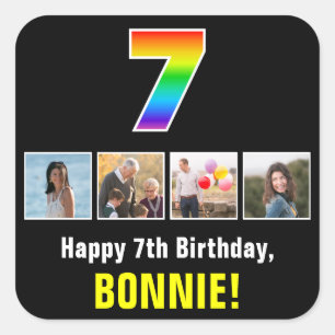 Adesivo Quadrado 7 Aniversário: Arco-Íris "7"; Fotografias e Nome P