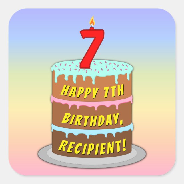 Adesivo Quadrado 7 Aniversário: Bolo e Vela Divertidos + Nome Perso (Frente)