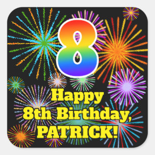 Adesivo Quadrado 8º Aniversário: Veja fogos de artifício divertidos